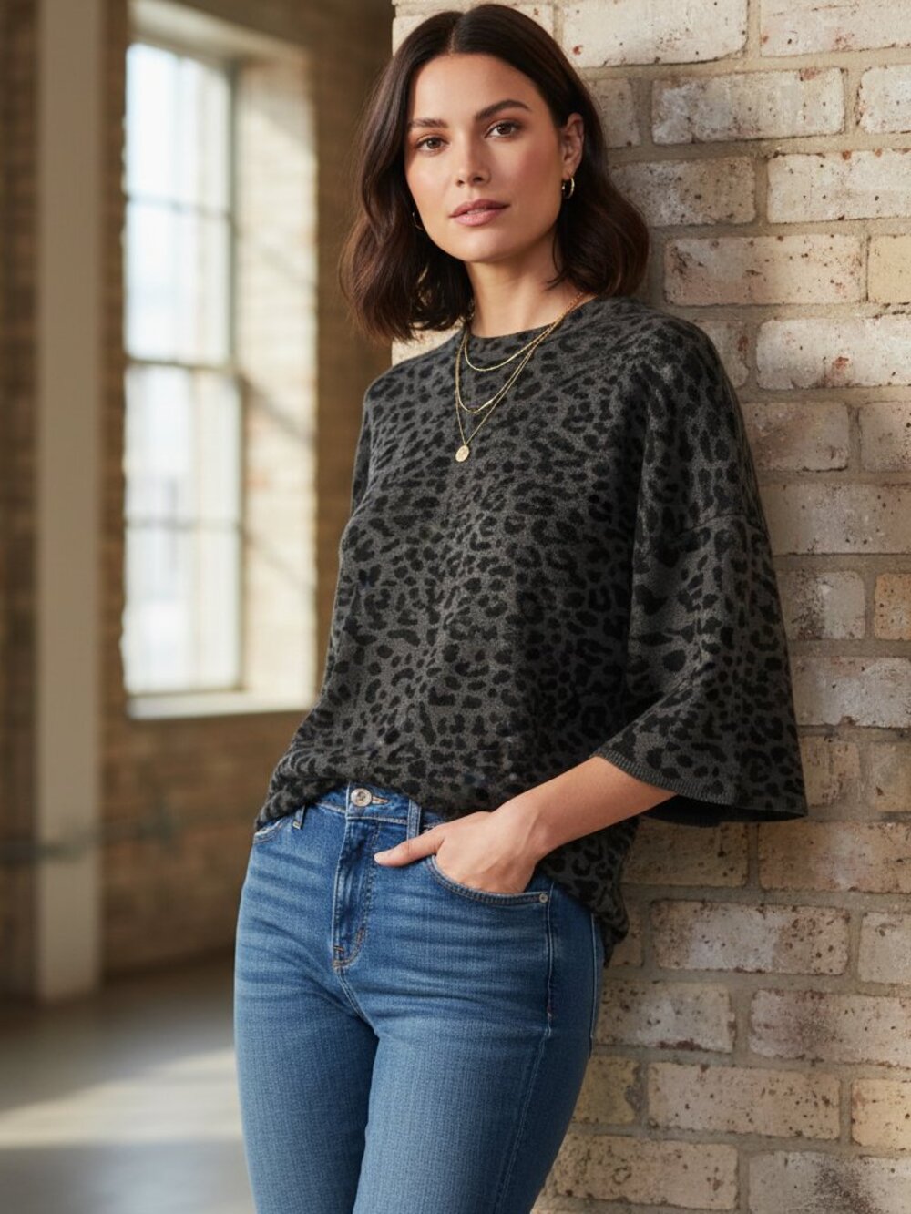 AllSaints Lenny Leopard Print Wool Knit T-Shirt NWOT Large